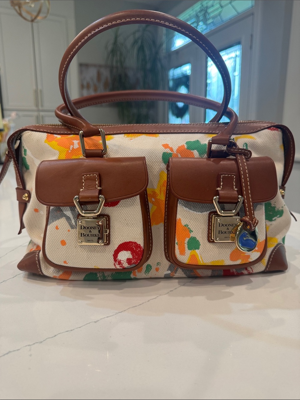Dooney & Bourke Multicolor Canvas and Brown Leather Satchel